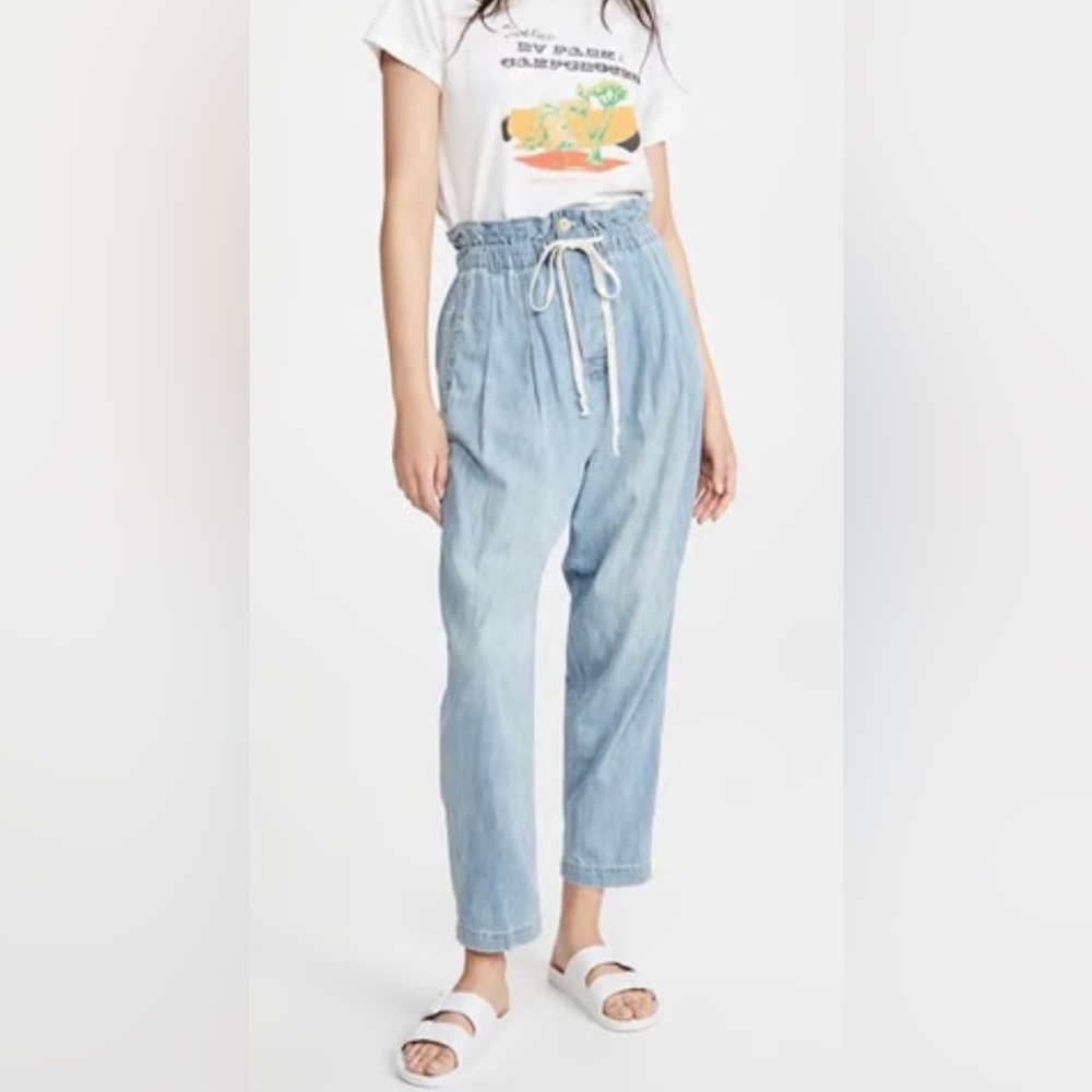 Free People Med Margate Pleated Denim Trousers Drawstring Paperbag Cotton Hemp